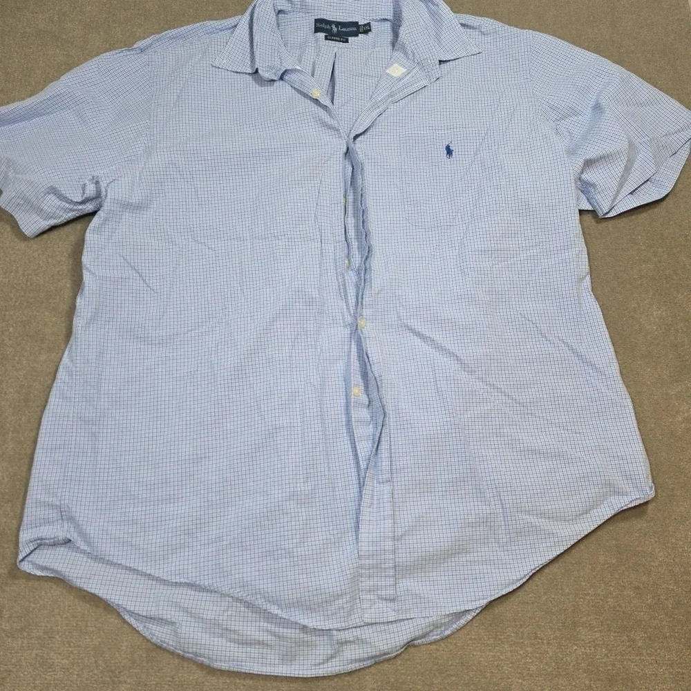 Ralph‎ Lauren Short Sleeve Blue Squares Cotton Men Button Down Shirt Size 2xL